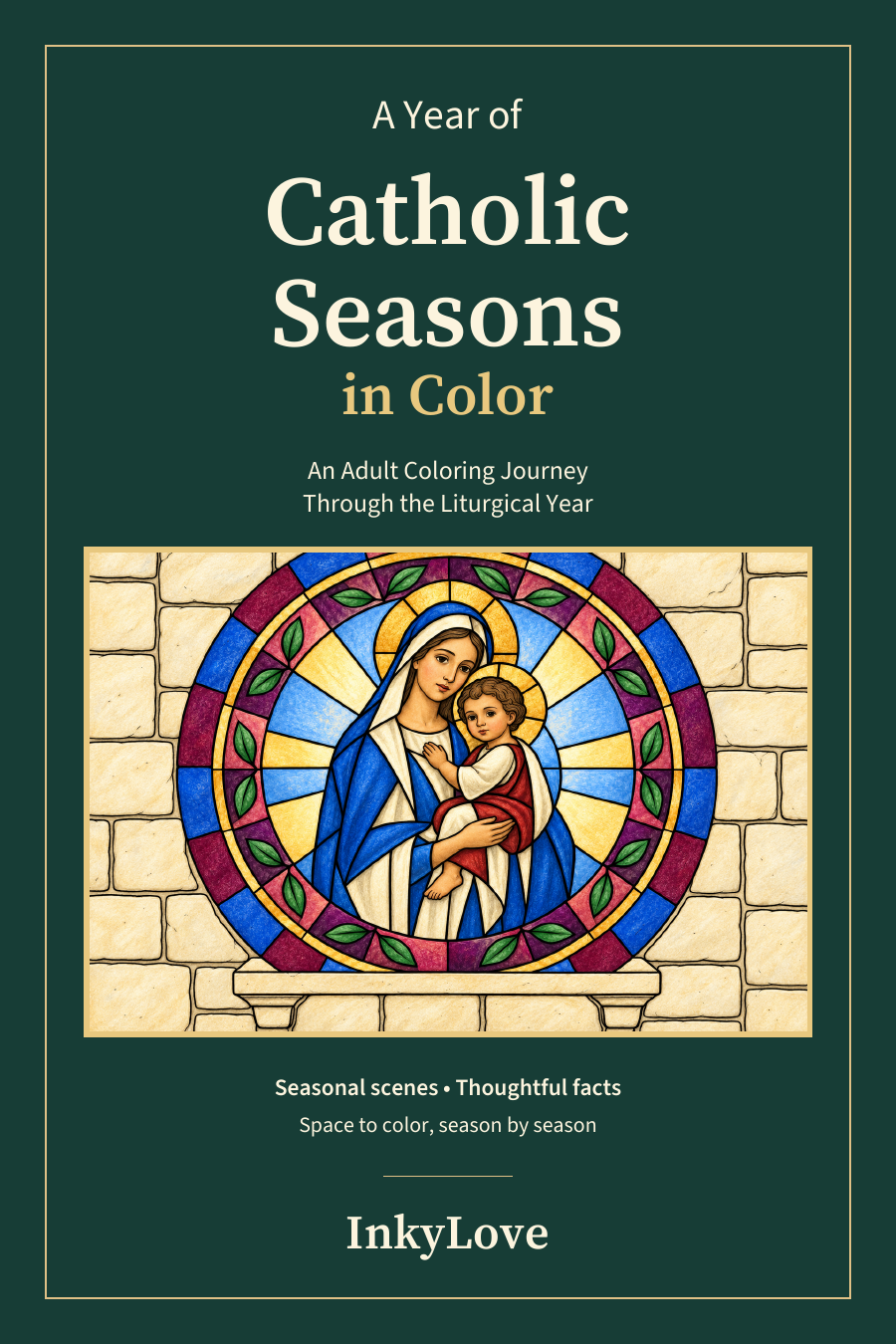 A Year of Catholic Seasons in Color cover with a colorful stained-glass-style image of Mary and Jesus.