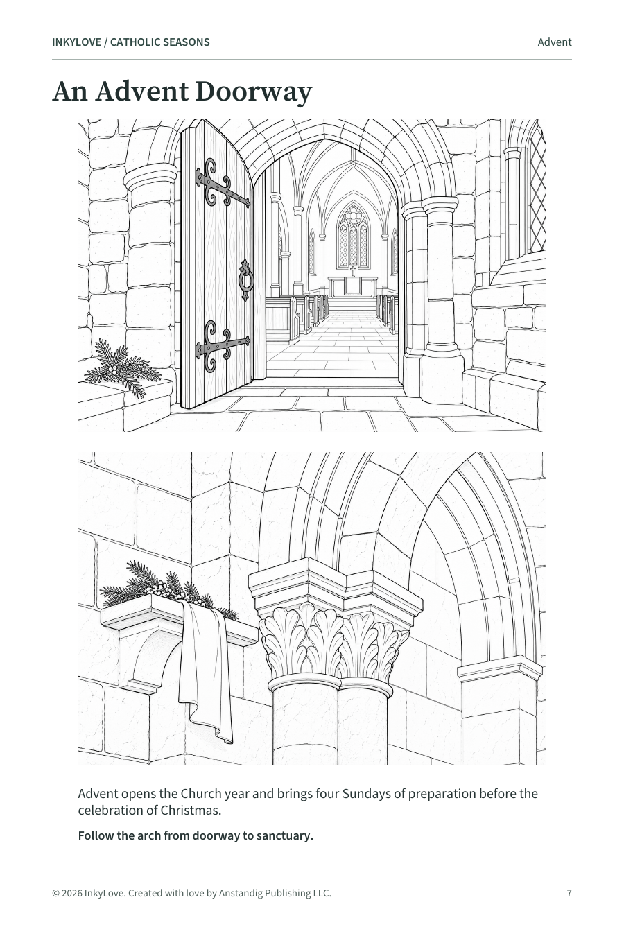 Uncolored Catholic Seasons page with a view through an open church doorway and a separate study of carved stone, greenery and cloth.