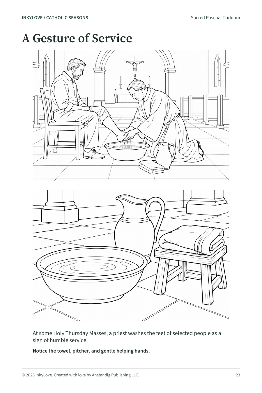 Uncolored Catholic Seasons page showing a priest washing a seated person’s foot, with a separate still life of a basin, pitcher and towel.