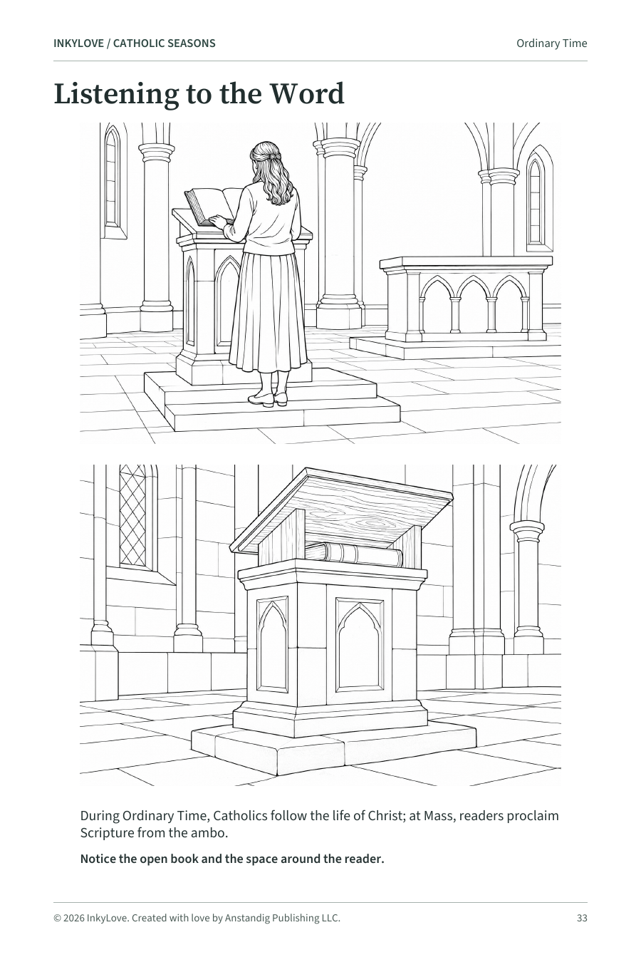 Uncolored Catholic Seasons page showing a reader at an ambo in a church and a separate detail study of the reading stand.