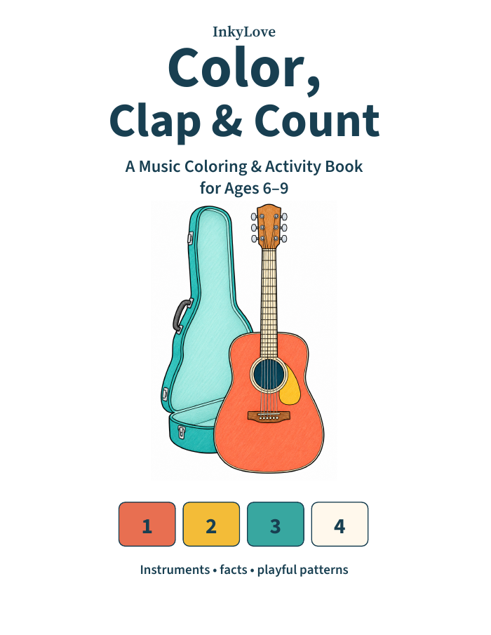 Color, Clap and Count cover with a colorful guitar, case and number pattern