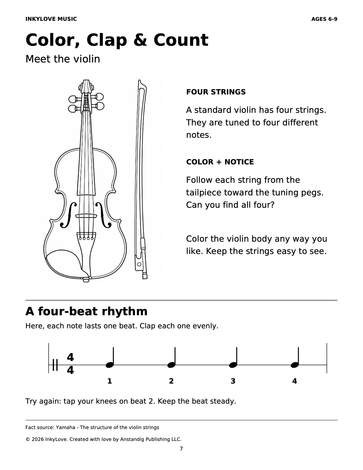 Actual violin coloring page with a short instrument fact and a four-beat rhythm activity