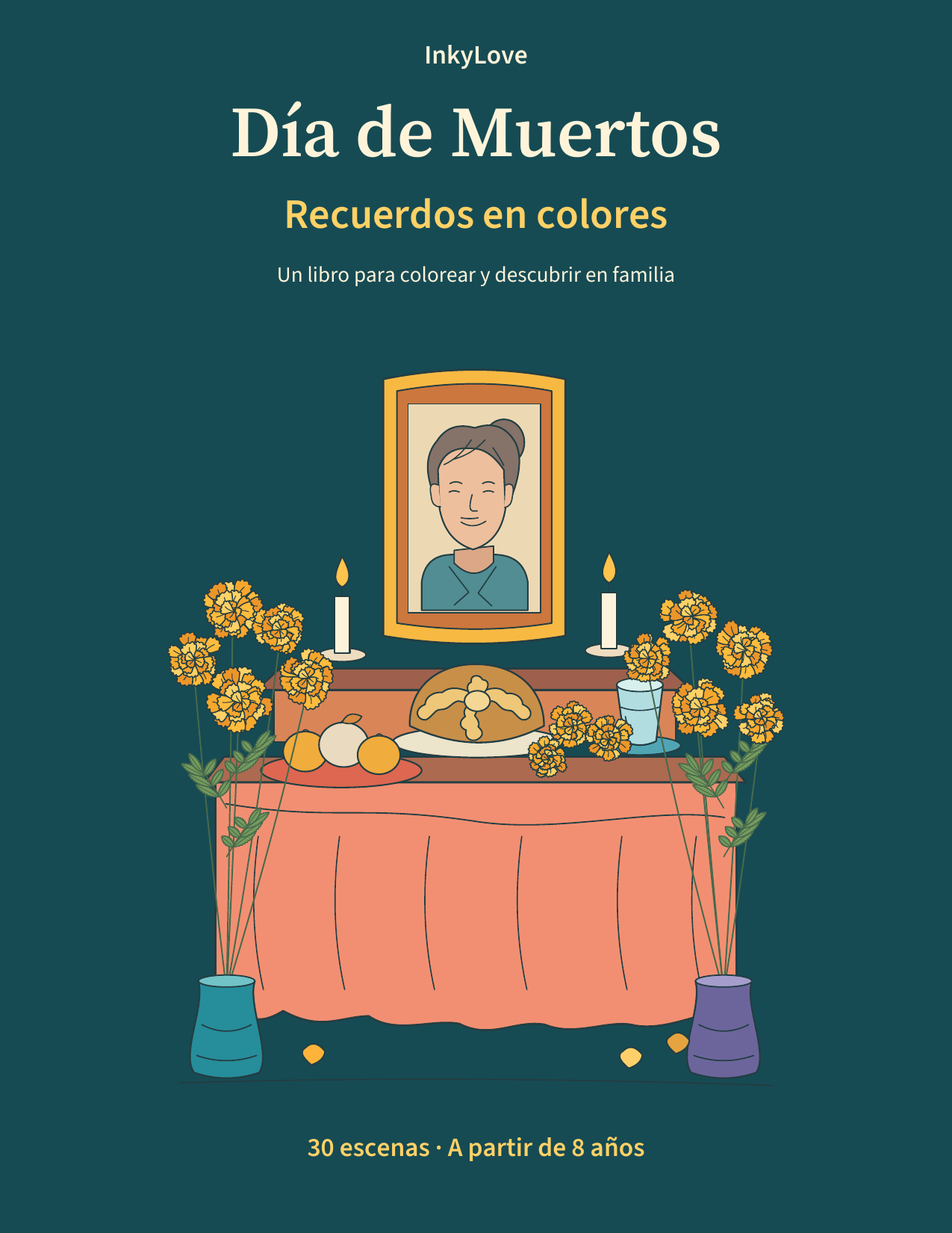 Portada con una ofrenda, flores y un retrato familiar