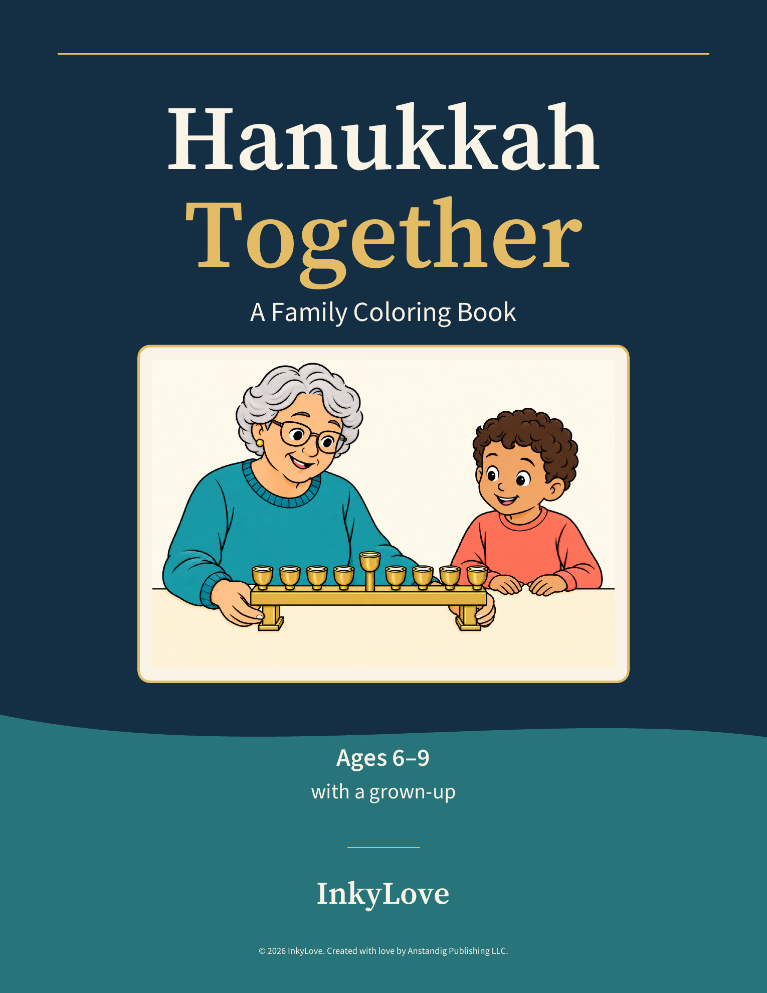 Hanukkah Together: A Family Coloring Book cover, showing a grown-up and child with an unlit Hanukkah lamp.