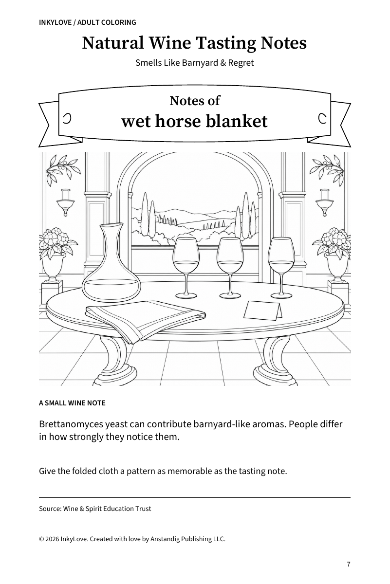 Actual Notes of wet horse blanket coloring page from Natural Wine Tasting Notes