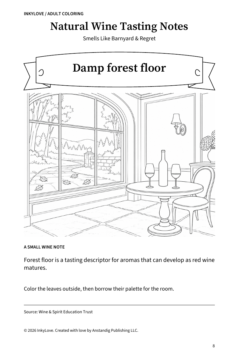 Actual Damp forest floor coloring page from Natural Wine Tasting Notes