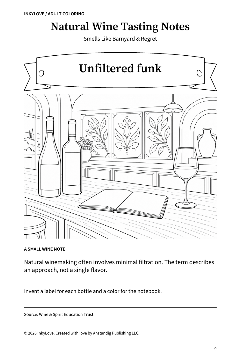 Actual Unfiltered funk coloring page from Natural Wine Tasting Notes