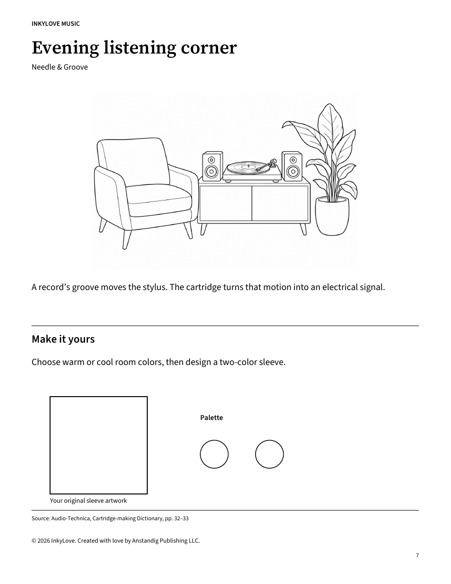 Actual Evening listening corner coloring page from Needle & Groove