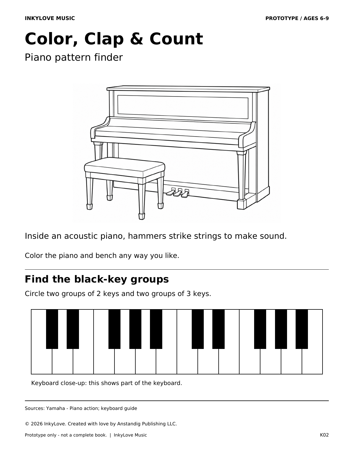 Piano coloring prototype: an upright piano, a short fact and a separate keyboard pattern activity
