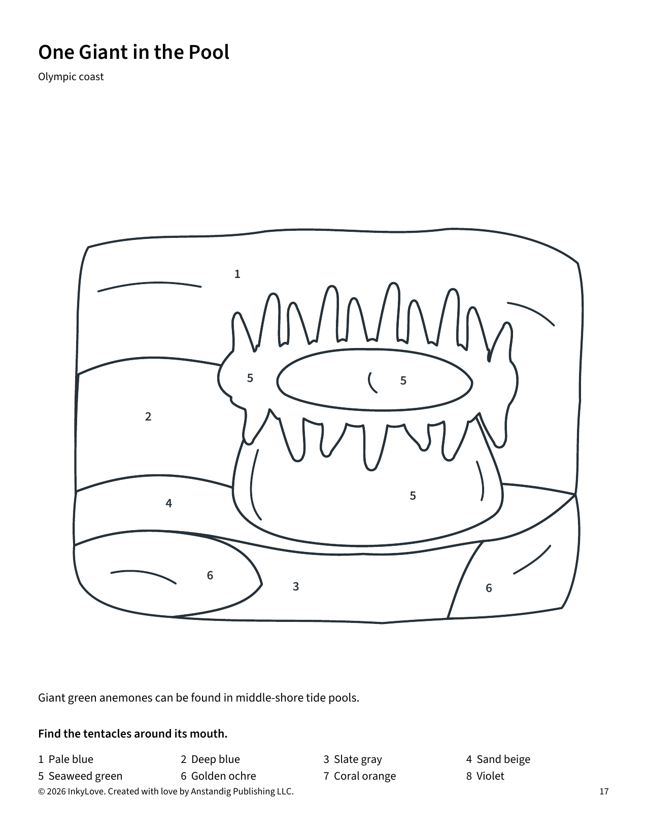 Actual One Giant in the Pool coloring page, showing a numbered sea anemone