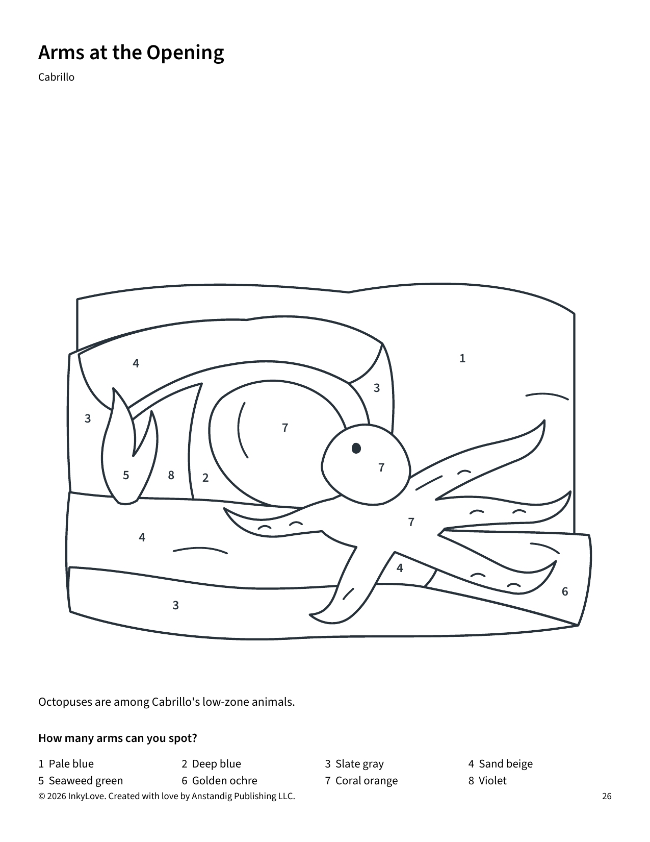 Actual Arms at the Opening coloring page, with an octopus emerging from shelter